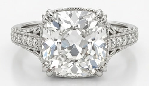 Lab Grown 6.00 Ct Cushion (Old Mine Look) Diamond Ring – Vintage Solitaire with Split Shank &: Beautifully styled, this ring is anchored by a 6.00 carat lab grown Cushion (Old Mine Look) center diamond. Featuring a Vintage Solitaire with Split Shank & Engraving aesthetic, balancing bold geometr