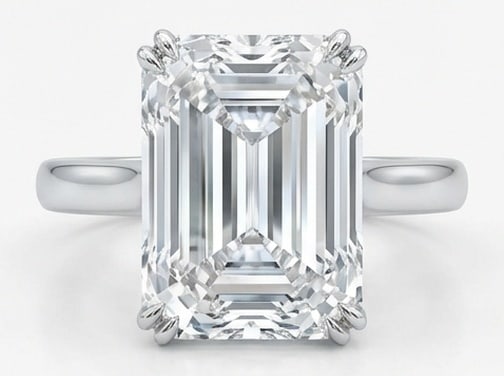 Lab Grown 10.00 Ct Emerald Cut Diamond Ring – Classic Four-Prong Solitaire – / in 14K White Gold: Chic and distinctive, this ring showcases a 10.00 carat lab grown Emerald Cut center diamond. Set in White Gold , the ring is styled with classic four-prong solitaire details that define its look. Typ