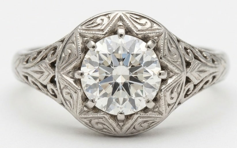 Lab Grown 2.00 Ct Round Brilliant Diamond Ring – Vintage Star-Set Solitaire with Filigree – / in: Striking and elegant, this ring features a 2.00 carat lab grown Round Brilliant center diamond as the focal point. The vintage star-set solitaire with filigree design is paired with White Gold for a s