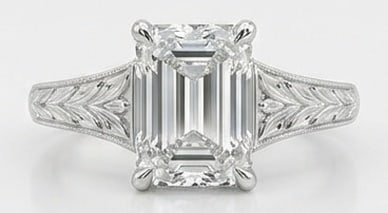 Lab Grown 4.00 Ct Emerald Cut Diamond Ring – Vintage Solitaire with Leaf/Wheat Engraved Shoulders: A timeless statement, this ring highlights a 4.00 carat lab grown Emerald Cut center diamond. Featuring Vintage Solitaire with Leaf Wheat Engraved Shoulders elements that bring depth and dimension to 