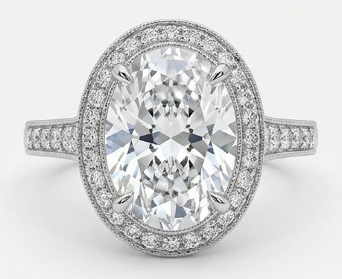 Lab Grown 4.00 Ct Oval Diamond Ring – Classic Oval Halo with Milgrain Edges – / in 14K White: Graceful and eye-catching, this ring is set with a 4.00 carat lab grown Oval center diamond. White Gold gives the piece a refined, neutral foundation for daily wear or events. The overall style follow