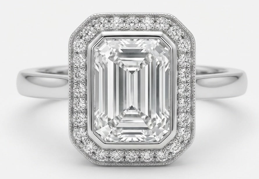 Lab Grown 6.00 Ct Emerald Cut Diamond Ring – Modern Bezel Set Halo – / in 14K White Gold: Sophisticated and modern, this ring is defined by a 6.00 carat lab grown Emerald Cut center diamond. Featuring the Modern Bezel Set Halo theme, offering a distinctive top view and refined styling. Fea
