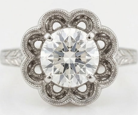 Lab Grown 4.00 Ct Round Brilliant Diamond Ring – Art Deco Floral / Scalloped Halo – / in 14K: Classic with a contemporary edge, this ring spotlights a 4.00 carat lab grown Round Brilliant center diamond. Set in White Gold , the ring is styled with art deco floral scalloped halo details that de