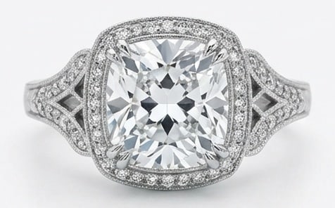 Lab Grown 6.00 Ct Cushion (Old Mine Look) Diamond Ring – Vintage Split Shank Cushion Halo – / in: Beautifully styled, this ring is anchored by a 6.00 carat lab grown Cushion (Old Mine Look) center diamond as the focal point. The vintage split shank cushion halo design is paired with White Gold for