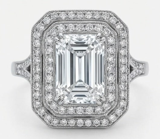 Lab Grown 4.00 Ct Emerald Cut Diamond Ring – Art Deco Double Halo Split Shank – / in 14K White: Chic and distinctive, this ring showcases a 4.00 carat lab grown Emerald Cut center diamond. White Gold gives the piece a refined, neutral foundation for daily wear or events. The overall style follow
