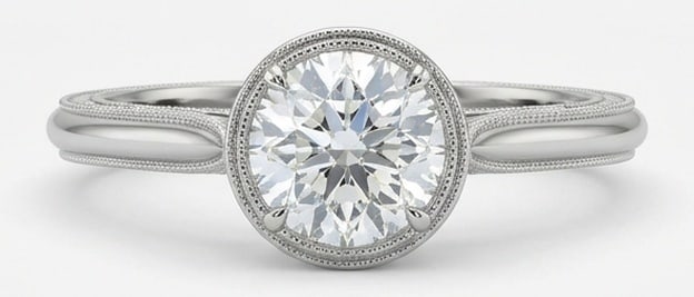 Lab Grown 2.00 Ct Round Brilliant Diamond Ring – Vintage Bezel Set with Milgrain Shank – / in: Bold yet refined, this design showcases a 2.00 carat lab grown Round Brilliant center diamond. Set in White Gold , the ring is styled with vintage bezel set with milgrain shank details that define its