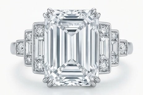 Lab Grown 8.00 Ct Emerald Cut Diamond Ring – Art Deco "Skyscraper" Stepped Setting – / in 14K: Designed to stand out, this ring presents a 8.00 carat lab grown Emerald Cut center diamond. White Gold gives the piece a refined, neutral foundation for daily wear or events. The overall style follow