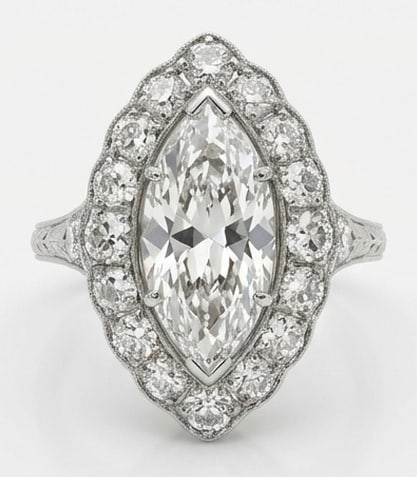 Lab Grown 3.00 Ct Marquise Diamond Ring – Antique Scalloped Halo with Milgrain – / in 14K White: Distinctive in silhouette, this ring centers on a 3.00 carat lab grown Marquise center diamond. Featuring the Antique Scalloped Halo with Milgrain design language, giving the piece a memorable, struct