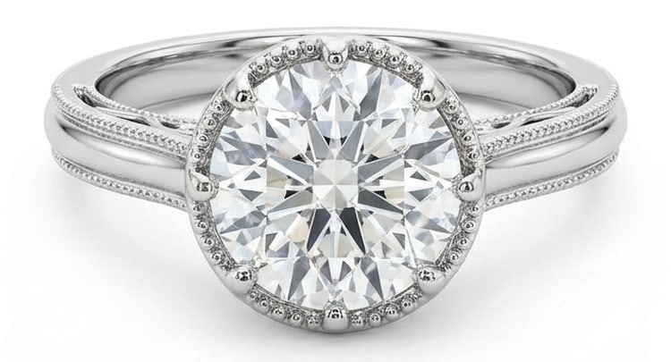 Lab Grown 4.00 Ct Round Brilliant Diamond Ring – Vintage Milgrain Semi-Bezel Solitaire – / in: Graceful and eye-catching, this ring is set with a 4.00 carat lab grown Round Brilliant center diamond. Set in White Gold , the ring is styled with vintage milgrain semi-bezel solitaire details that d