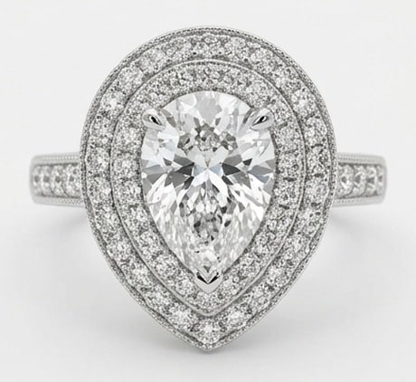 Lab Grown 3.00 Ct Pear Shape Diamond Ring – Double Pave Halo Split Shank – / in 14K White Gold: Sophisticated and modern, this ring is defined by a 3.00 carat lab grown Pear Shape center diamond as the focal point. The double pave halo split shank design is paired with White Gold for a sleek, re