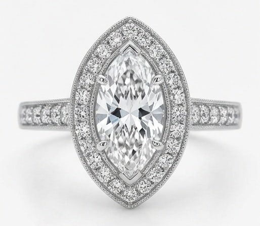 Lab Grown 3.00 Ct Marquise Diamond Ring – Vintage Marquise Halo with Milgrain – / in 14K White: Striking and elegant, this ring features a 3.00 carat lab grown Marquise center diamond as the focal point. The vintage marquise halo with milgrain design is paired with White Gold for a sleek, refine
