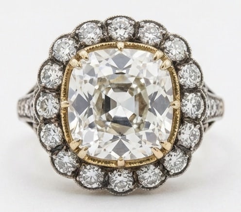 Lab Grown 3.00 Ct Cushion (Old Mine Look) Diamond Ring – Antique Two-Tone Floral Halo (Victorian: A timeless statement, this ring highlights a 3.00 carat lab grown Cushion (Old Mine Look) center diamond. Featuring Antique Two-Tone Floral Halo (Victorian Style) elements that bring depth and dimensi
