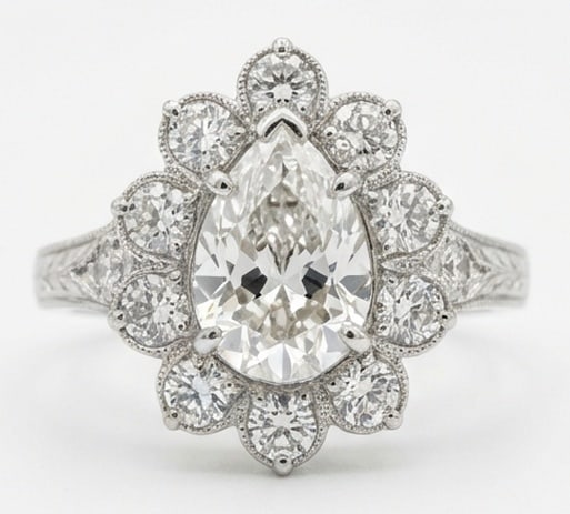 Lab Grown 3.00 Ct Pear Shape Diamond Ring – Vintage Pear Floral Halo with Milgrain – / in 14K: Distinctive in silhouette, this ring centers on a 3.00 carat lab grown Pear Shape center diamond as the focal point. The vintage pear floral halo with milgrain design is paired with White Gold for a s