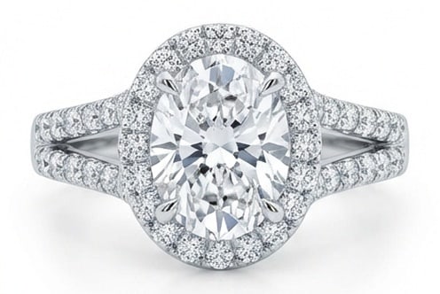 Lab Grown 4.00 Ct Oval Diamond Ring – Modern Split Shank Oval Halo – / in 14K White Gold: Graceful and eye-catching, this ring is set with a 4.00 carat lab grown Oval center diamond. White Gold gives the piece a refined, neutral foundation for daily wear or events. The overall style follow