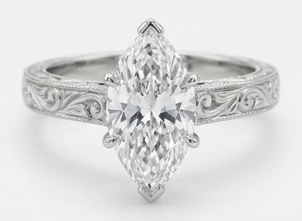 Lab Grown 3.00 Ct Marquise Diamond Ring – Vintage Solitaire with Hand-Engraved Scrolls – / in: Classic with a contemporary edge, this ring spotlights a 3.00 carat lab grown Marquise center diamond. Set in White Gold , the ring is styled with vintage solitaire with hand-engraved scrolls details 