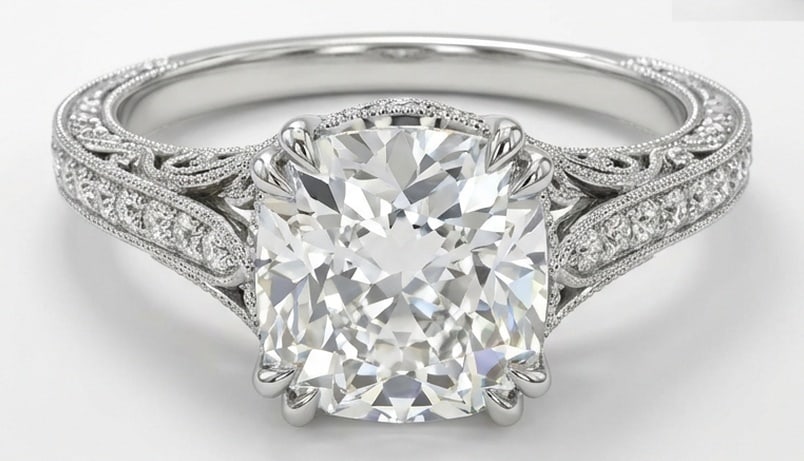 Lab Grown 6.00 Ct Cushion (Modified Brilliant) Diamond Ring – Vintage Cushion Halo with Scroll: Striking and elegant, this ring features a 6.00 carat lab grown Cushion (Modified Brilliant) center diamond. Featuring the Vintage Cushion Halo with Scroll Details styling that frames the centerpiece 