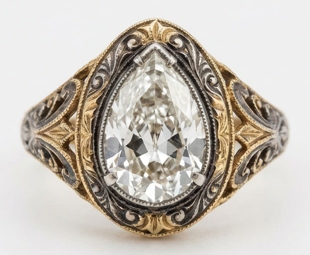 Lab Grown 4.00 Ct Pear Shape Diamond Ring – Antique Two-Tone Pear Bezel with Filigree – & (1 of 4)