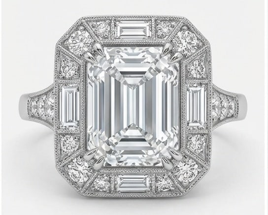 Lab Grown 4.00 Ct Emerald Cut Diamond Ring – Art Deco Geometric Halo (Emerald & Baguette) – / in: Distinctive in silhouette, this ring centers on a 4.00 carat lab grown Emerald Cut center diamond. Featuring the Art Deco Geometric Halo (Emerald & Baguette) design language, giving the piece a memora