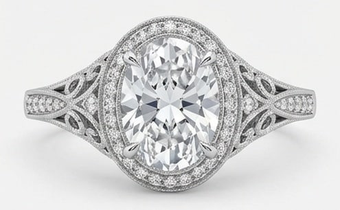 Lab Grown 6.00 Ct Oval Diamond Ring – Vintage Oval Halo with Split Shank Filigree – / in 14K: Beautifully styled, this ring is anchored by a 6.00 carat lab grown Oval center diamond. Featuring a Vintage Oval Halo with Split Shank Filigree aesthetic, balancing bold geometry with wearable elegan