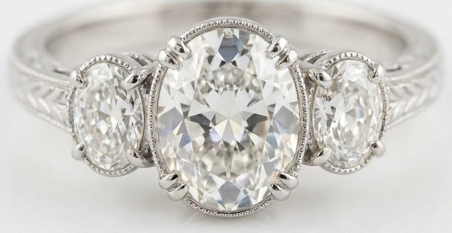 Lab Grown 4.00 Ct Oval Diamond Ring – Vintage Three-Stone Oval with Engraved Shank – / in 14K: Striking and elegant, this ring features a 4.00 carat lab grown Oval center diamond as the focal point. The vintage three-stone oval with engraved shank design is paired with White Gold for a sleek, r