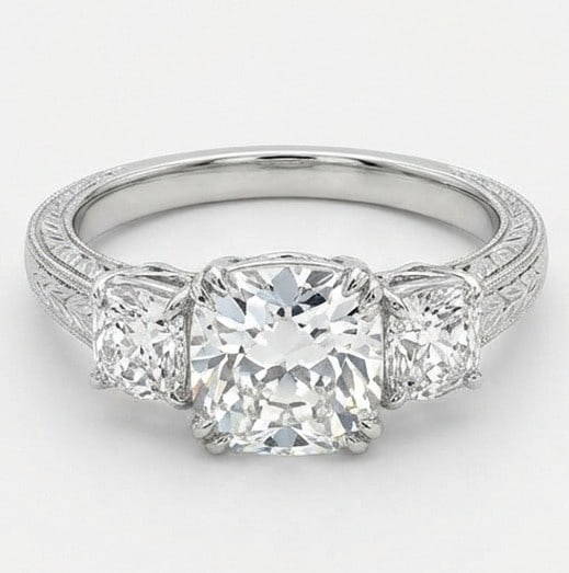 Lab Grown 4.00 Ct Cushion (Old Mine Look) Diamond Ring – Vintage Three-Stone Cushion with Milgrain: A timeless statement, this ring highlights a 4.00 carat lab grown Cushion (Old Mine Look) center diamond. Featuring Vintage Three-Stone Cushion with Milgrain Band elements that bring depth and dimensi
