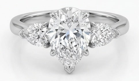 Lab Grown 4.00 Ct Pear Shape Diamond Ring – Classic Three-Stone Pear with Pear Sides – / in 14K: Distinctive in silhouette, this ring centers on a 4.00 carat lab grown Pear Shape center diamond as the focal point. The classic three-stone pear with pear sides design is paired with White Gold for a