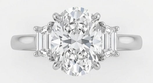 Lab Grown 8.00 Ct Oval Diamond Ring – Modern Three-Stone Oval with Trapezoid Sides – / in 14K: Graceful and eye-catching, this ring is set with a 8.00 carat lab grown Oval center diamond. White Gold gives the piece a refined, neutral foundation for daily wear or events. The overall style follow