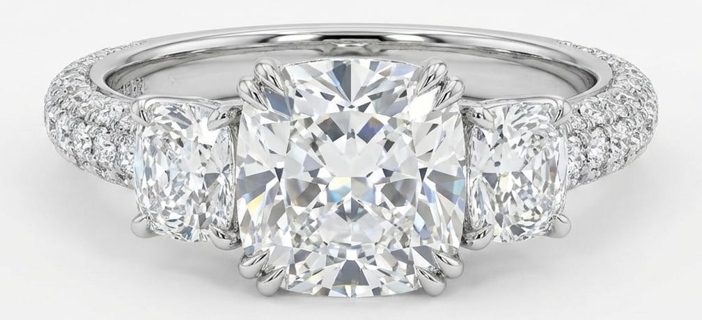 Lab Grown 4.00 Ct Cushion (Modified Brilliant) Diamond Ring – Three-Stone Cushion with Domed Pave: A timeless statement, this ring highlights a 4.00 carat lab grown Cushion (Modified Brilliant) center diamond as the focal point. The three-stone cushion with domed pave band design is paired with Whi