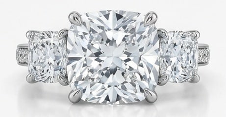Lab Grown 6.00 Ct Cushion (Modified Brilliant) Diamond Ring – Three-Stone Cushion with Pave: Designed to stand out, this ring presents a 6.00 carat lab grown Cushion (Modified Brilliant) center diamond. White Gold gives the piece a refined, neutral foundation for daily wear or events. The ove