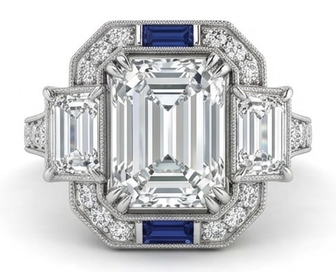 Lab Grown 5.00 Ct Emerald Cut Diamond Ring – Art Deco Target Halo with Sapphire Accents – / in (1 of 4)