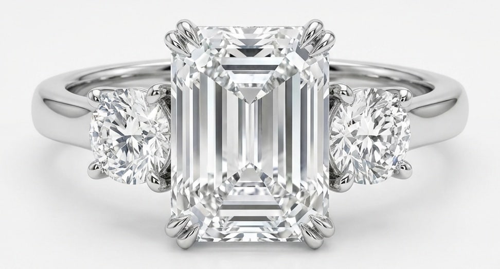 Lab Grown 8.00 Ct Emerald Cut Diamond Ring – Three-Stone Emerald Cut with Round Sides – / in 14K: Beautifully styled, this ring is anchored by a 8.00 carat lab grown Emerald Cut center diamond. Featuring a Three-Stone Emerald Cut with Round Sides aesthetic, balancing bold geometry with wearable el