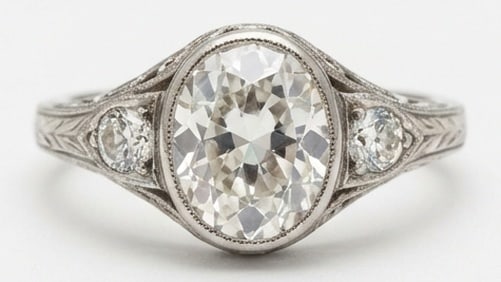 Lab Grown 4.00 Ct Oval Diamond Ring – Vintage Bezel Set Oval Three-Stone – / in 14K White Gold: A timeless statement, this ring highlights a 4.00 carat lab grown Oval center diamond. Featuring Vintage Bezel Set Oval Three-Stone elements that bring depth and dimension to the setting. Featuring Wh