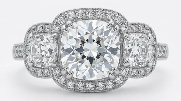 Lab Grown 4.00 Ct Cushion (Modified Brilliant) Diamond Ring – Triple Halo Three-Stone Cushion –: Designed to stand out, this ring presents a 4.00 carat lab grown Cushion (Modified Brilliant) center diamond. Set in White Gold , the ring is styled with triple halo three-stone cushion details that d