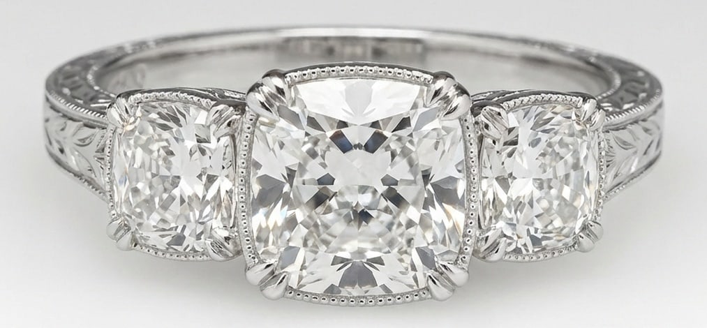 Lab Grown 4.00 Ct Cushion (Old Mine Look) Diamond Ring – Vintage Three-Stone Cushion with: Classic with a contemporary edge, this ring spotlights a 4.00 carat lab grown Cushion (Old Mine Look) center diamond. Set in White Gold , the ring is styled with vintage three-stone cushion with engra