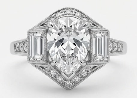 Lab Grown 4.00 Ct Pear Shape Diamond Ring – Art Deco Pear Halo with Baguette Sides – / in 14K: Striking and elegant, this ring features a 4.00 carat lab grown Pear Shape center diamond. Featuring the Art Deco Pear Halo with Baguette Sides styling that frames the centerpiece and shapes the overa