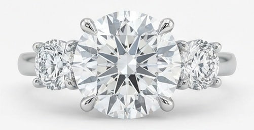 Lab Grown 6.00 Ct Round Brilliant Diamond Ring – Classic Three-Stone Round – / in 14K White Gold: Bold yet refined, this design showcases a 6.00 carat lab grown Round Brilliant center diamond. Set in White Gold , the ring is styled with classic three-stone round details that define its look. Type:
