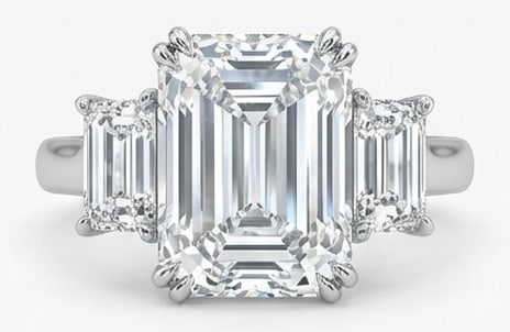 Lab Grown 10.00 Ct Emerald Cut Diamond Ring – Massive Three-Stone Emerald Cut – / in 14K White: Designed to stand out, this ring presents a 10.00 carat lab grown Emerald Cut center diamond. White Gold gives the piece a refined, neutral foundation for daily wear or events. The overall style follo