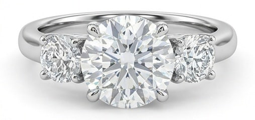 Lab Grown 4.00 Ct Round Brilliant Diamond Ring – Classic Three-Stone Round – / in 14K White Gold: Graceful and eye-catching, this ring is set with a 4.00 carat lab grown Round Brilliant center diamond. Set in White Gold , the ring is styled with classic three-stone round details that define its lo
