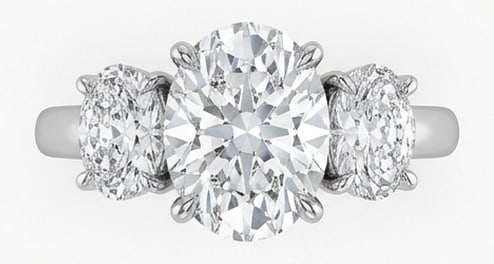 Lab Grown 4.00 Ct Oval Diamond Ring – Three-Stone Oval with Round Sides – / in 14K White Gold: Striking and elegant, this ring features a 4.00 carat lab grown Oval center diamond as the focal point. The three-stone oval with round sides design is paired with White Gold for a sleek, refined pres