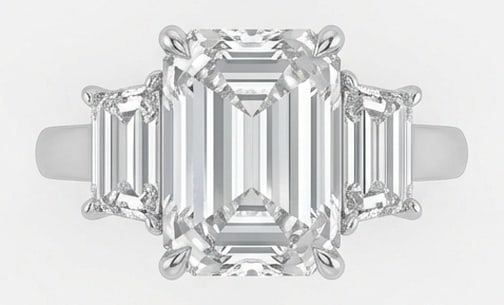 Lab Grown 10.00 Ct Emerald Cut Diamond Ring – Classic Three-Stone Emerald Cut (Emerald Sides) –: A timeless statement, this ring highlights a 10.00 carat lab grown Emerald Cut center diamond. Featuring Classic Three-Stone Emerald Cut (Emerald Sides) elements that bring depth and dimension to the 