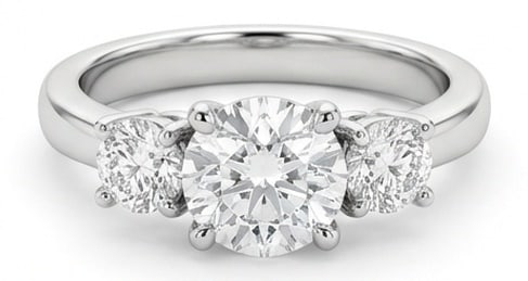 Lab Grown 4.00 Ct Round Brilliant Diamond Ring – Classic Three-Stone Round – / in 14K White Gold: Distinctive in silhouette, this ring centers on a 4.00 carat lab grown Round Brilliant center diamond as the focal point. The classic three-stone round design is paired with White Gold for a sleek, re