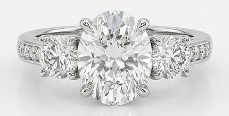 Lab Grown 5.00 Ct Oval Diamond Ring – Three-Stone Oval with Pave Band – / in 14K White Gold: Graceful and eye-catching, this ring is set with a 5.00 carat lab grown Oval center diamond. White Gold gives the piece a refined, neutral foundation for daily wear or events. The overall style follow