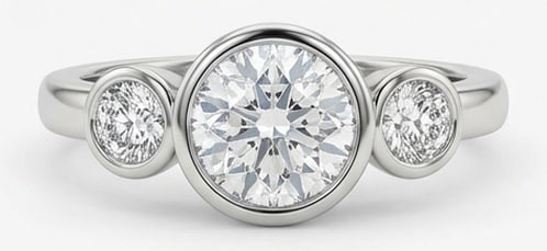 Lab Grown 2.00 Ct Round Brilliant Diamond Ring – Modern Bezel Set Three-Stone Round – / in 14K: Chic and distinctive, this ring showcases a 2.00 carat lab grown Round Brilliant center diamond. White Gold gives the piece a refined, neutral foundation for daily wear or events. The overall style fo