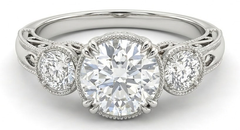 Lab Grown 5.00 Ct Round Diamond Ring – Vintage-style three-stone with filigree scrollwork and: Designed to stand out, this ring presents a 5.00 carat lab grown Round center diamond. White Gold gives the piece a refined, neutral foundation for daily wear or events. The overall style follows a vi