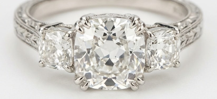Lab Grown 4.00 Ct Cushion Diamond Ring – Vintage three-stone with hand-engraved wheat pattern and: Striking and elegant, this ring features a 4.00 carat lab grown Cushion center diamond as the focal point. The vintage three-stone with hand-engraved wheat pattern and milgrain edges design is paired 