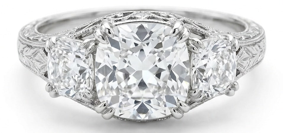 Lab Grown 5.00 Ct Cushion Diamond Ring – Vintage three-stone with hand-engraved wheat pattern and: Bold yet refined, this design showcases a 5.00 carat lab grown Cushion center diamond. White Gold gives the piece a refined, neutral foundation for daily wear or events. The overall style follows a vi