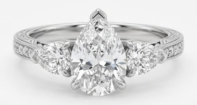 Lab Grown 4.00 Ct Pear Diamond Ring – Three-stone setting with pave diamond band and milgrain (1 of 4)