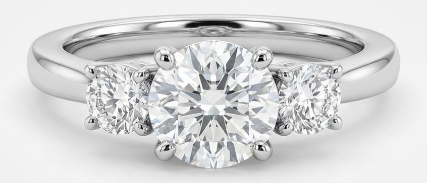 Lab Grown 5.00 Ct Round Diamond Ring – Classic three-stone prong setting with plain polished band: Distinctive in silhouette, this ring centers on a 5.00 carat lab grown Round center diamond as the focal point. The classic three-stone prong setting with plain polished band design is paired with Whi