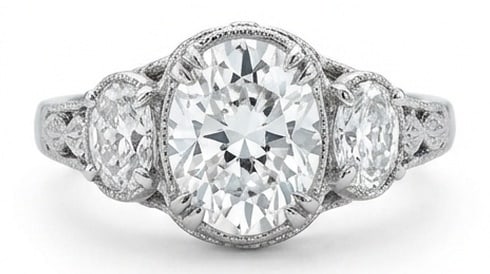 Lab Grown 8.00 Ct Oval Diamond Ring – Vintage three-stone with milgrain bezels and engraved band: Graceful and eye-catching, this ring is set with a 8.00 carat lab grown Oval center diamond. White Gold gives the piece a refined, neutral foundation for daily wear or events. The overall style follow