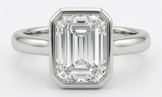 Lab Grown 8.00 Ct Emerald Diamond Ring – Modern solitaire with full bezel setting and plain: Bold yet refined, this design showcases a 8.00 carat lab grown Emerald center diamond. Set in White Gold, the ring is styled with modern solitaire with full bezel setting and plain polished band detai